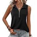 Canotta casual in maglia a costine da donna con mezza zip e colletto a risvolto - Taglia S / Top / Nero