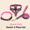 Denim pink 3-piece dog harness leash and collar set for small medium large dogs - S / Three-Piece Set / 1.0cm x 120cm / Pink