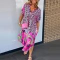 Vibrant pink leopard and tropical print loose V-neck dress for chic summer fashion. - Pink