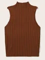Sleeveless brown ribbed knit tank top with mock neck for women slim fit casual wear - S / Tops / Coffee