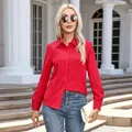 Elegant women's red long sleeve button down shirt blouse for casual fashion style - Red