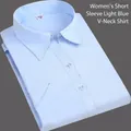 Chemisier professionnel en coton bleu clair à manches courtes pour femmes au bureau - 38 / Haut (DV68-12) / Bleu clair