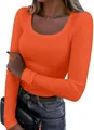 Maglietta da donna a maniche lunghe con scollo quadrato, aderente, colore arancio - Taglia S / Top / arancio-rosso