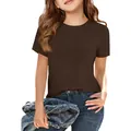 Dichtbij van een donkerbruin geribbeld T-shirt met ronde hals en slim fit voor meisjes - Donkerbruin