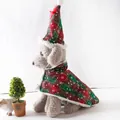 Detail view of red and green plaid Christmas pet cloak with snowflake prints and plush trim - S / Set / Snowflake Plaid