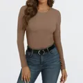 T-shirt ajusté à manches longues pour femme en maille côtelée marron moka avec col rond - S / Hauts / Kaki