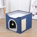 Foldable blue denim fabric cat house with sisal scratching board and white fleece top - 41*41*35cm / Navy Blue