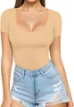 Elegant beige slim fit low scoop neck short sleeve bodysuit for women's fashion - Off White