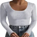 T-shirt a maniche lunghe a costine grigio chiaro vestibilità aderente con scollo a U - Taglia S / Top / Grigio chiaro
