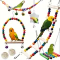 Multi-piece colorful parrot toy set including wooden ladder, swing, and bells for birds. - 7-Piece Set (Style 6)