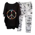 Women's casual 2-piece leisure set with floral peace sign tee and camouflage joggers - 3XL / Top And Bottom / Black Floral Peace Sign Print