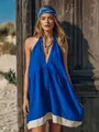 Blue halter deep V cotton linen dress with contrast white hem for beach vacation - XS / Dresses / Blue