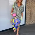 Stylish V-neck loose dress with vibrant leopard and tropical floral print for summer. - S / Dress (18919) / Green
