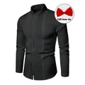 Elegant black wing collar tuxedo shirt for men featuring front pleats and gift red bow tie - 3XL / Tops / Black