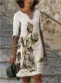 Bohemian white V-neck mid-sleeve dress featuring elegant large rose floral print for women - S / Dresses / Pattern 13