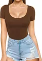 Sexy slim fit brown low scoop neck short sleeve t-shirt shown on model front view - Tops / S / Coffee