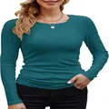 Women's slim fit ribbed knit long sleeve crewneck basic t-shirt in deep teal color - S / Tops / Teal