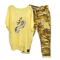 Women's stylish two-piece casual set with yellow bird print tee and camo joggers - 3XL / Top And Bottom / Yellow Feather Birds