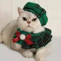 British style Christmas green plaid beret and bib collar set with red bow for cats - S / Set / Green