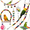 Complete colorful parrot bird toy set including wood swing, ladder, bells and mirror - 7-Piece Set (Style 7)