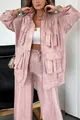 Detail view of pink metallic utility jacket with large pockets and wide-leg trousers - Pink