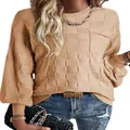 Detailed close-up view of women's beige checkered knit sweater featuring a round neck - S / Tops / Khaki