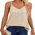 Sparkly champagne gold sequin V-neck camisole tank top with loose fit for women party wear - S / Tops / Light gold