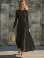 Elegant black long sleeve knit pleated maxi dress for sophisticated women's casual wear - XS / Dresses / Black