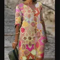 Geometric abstract print V-neck dress with half-sleeves and vintage artistic style - S / Dresses / Abstract Geometric Contrast Color Print