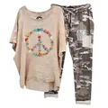Casual women's 2-piece set featuring a floral peace sign T-shirt and camo pants - 3XL / Top And Bottom / Apricot Floral Peace Sign Print
