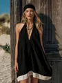 Loose halter deep V-neck dress in black and white cotton linen for beach holidays - XS / Dresses / Black