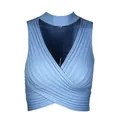 Light blue ribbed knit halter crop top with crossover V-neck design for summer style - S / Tops / Light Blue