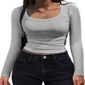 Front view detail of a women's grey ribbed slim fit long sleeve square neck basic t-shirt - S / Tops / Light Gray