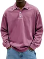 Close-up of mauve men's long-sleeved polo shirt with washed fabric and button collar - Pink