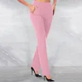 Detail view of pink high waisted yoga pants featuring tummy control and side pockets - Pink