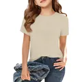 Gedetailleerde weergave van de geribbelde textuur van dit beige meisjes T-shirt met korte mouw. - Abrikoos