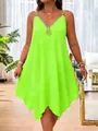 Summer neon green V-neck dress featuring decorative front zipper and asymmetrical hemline - 1XL / Dresses / Fluorescent Green