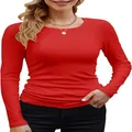 T-shirt da donna a maniche lunghe in rayon a coste vestibilità slim girocollo in rosso acceso - 2XL / Top / Rosso