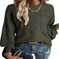 Close-up detail of a textured olive green long-sleeve sweater for women featuring a round neck - S / Tops / Dark Green