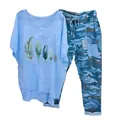 Casual women's 2-piece set featuring light blue feather print T-shirt and camo pants - 3XL / Top And Bottom / Blue Five Feathers