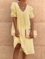 Elegant yellow cotton linen midi dress with V-neck and puff sleeves for summer - S / Dresses / Yellow