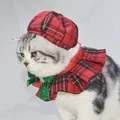 British style red plaid cat beret and collar set for Christmas pet decoration - S / Set / Red