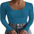 Modisches Damen T-Shirt in Blau, gerippt, langärmlig, schmale Passform, Rundhals. - Malachitgrün