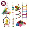 16 pack colorful parrot toy set featuring wooden swings ladders and hanging bells for bird cages - 16-Piece Set