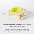 Inclined pet ceramic bowl set with cartoon acrylic stand showing full dimension specs - Small Water Bowl (Green) with Tilted Yellow Stand