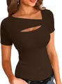 Detail of brown asymmetrical cutout ribbed slim fit short sleeve T-shirt for women - Dark Brown