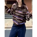 Women's Korean style striped POLO collar knit pullover sweater in brown and blue - One Size / Tops / Brown
