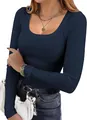 Navy blue ribbed slim-fit long-sleeve T-shirt for women with casual U-neck style - S / Tops / Navy Blue