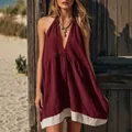 Burgundy cotton linen deep V-neck halter dress with white color-block hem - XS / Dresses / Burgundy
