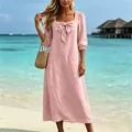 Pink cotton linen square neck midi dress featuring a large decorative bow on front - S / Dresses / Pink